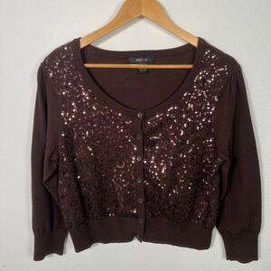 Vintage Womens Y2K Cropped Cardigan Sz M Sequins Chocolate Brown Fairy Grunge